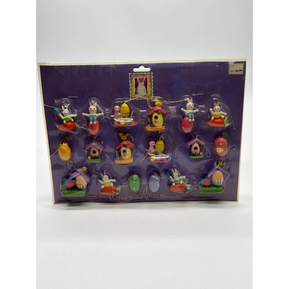 Vintage 1995 Seasonal Specialties 18 Hand Painted Wooden Easter Ornaments Set